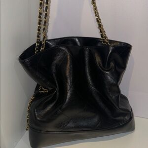 Elegant Slouchy Chain Strap Black Vegan Leather Tote Bag